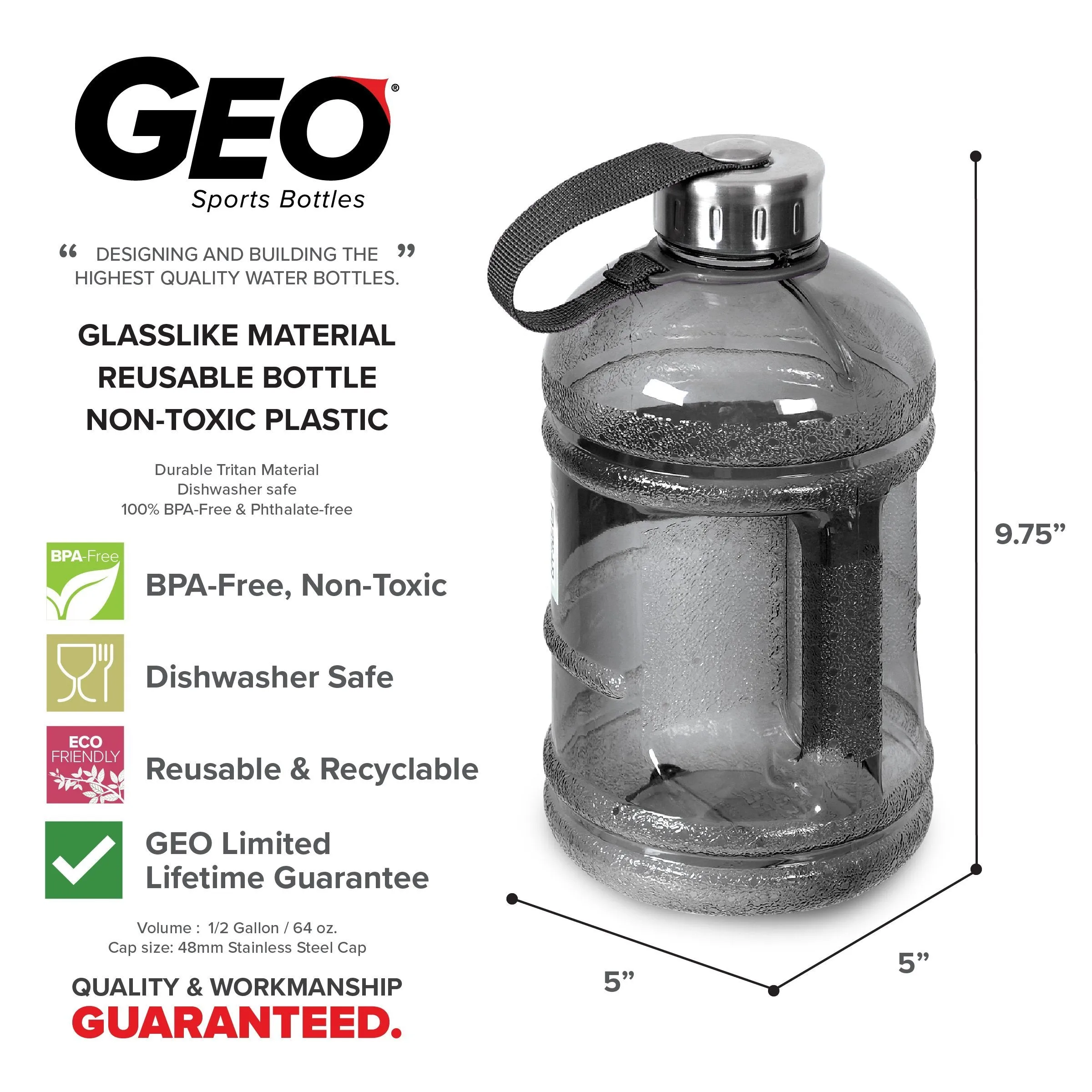 1/2 Gallon BPA Free Water Bottle, Plastic Bottle, Sports Bottle, with Stainless Steel Cap, GEO