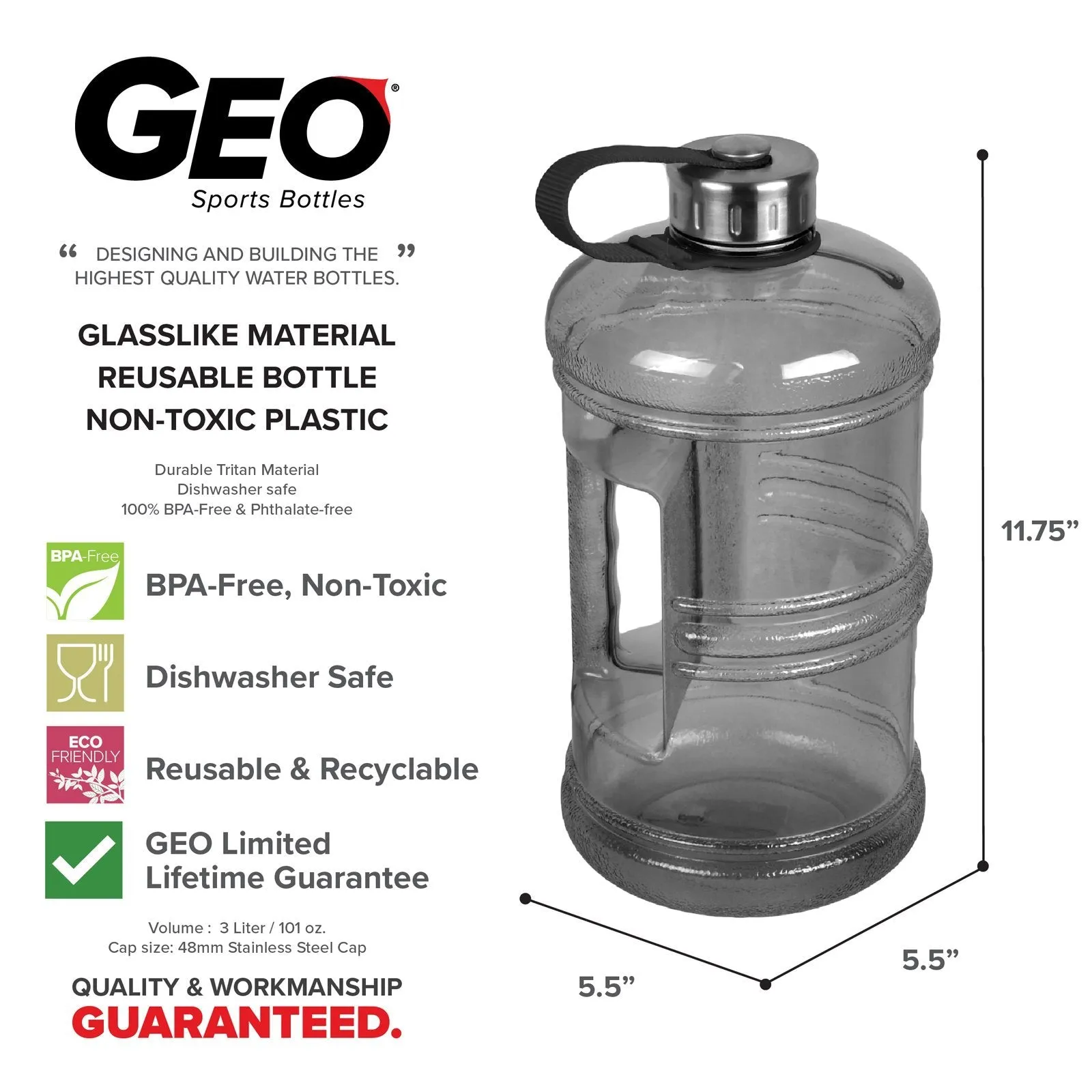 3 Liter BPA Free Water Bottle, Plastic Bottle, Sports Bottle, with Stainless Steel Cap, GEO