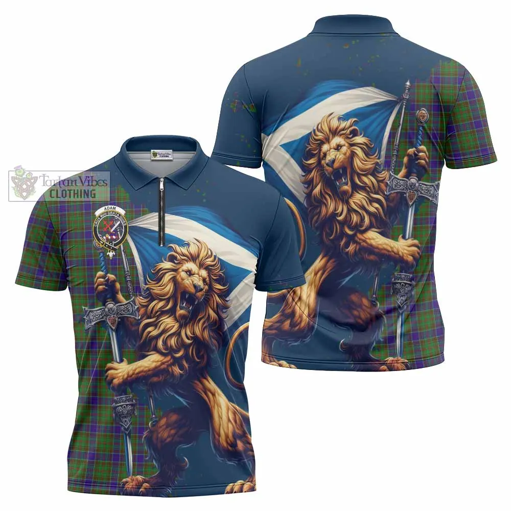 Adam Tartan Family Crest Zipper Polo Shirt with Scottish Majestic Lion