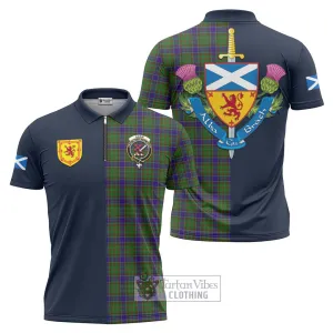 Adam Tartan Zipper Polo Shirt Alba with Scottish Lion Royal Arm Half Style