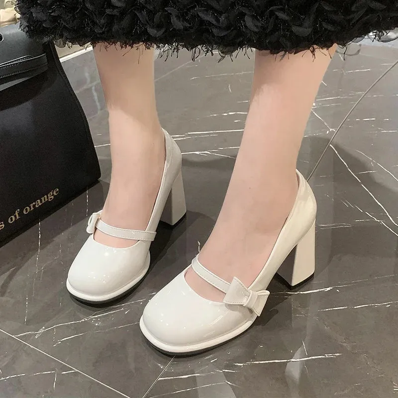 Aiertu Sweet Bowknot High Heels Mary Janes Women Cute Round Toe Patent Leather Pumps Woman Slip-On Square Heeled Bow Party Shoes Ladies