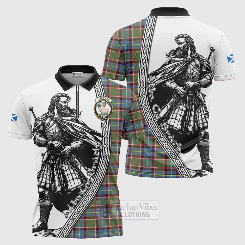 Aikenhead Tartan Clan Crest Zipper Polo Shirt with Highlander Warrior Celtic Style