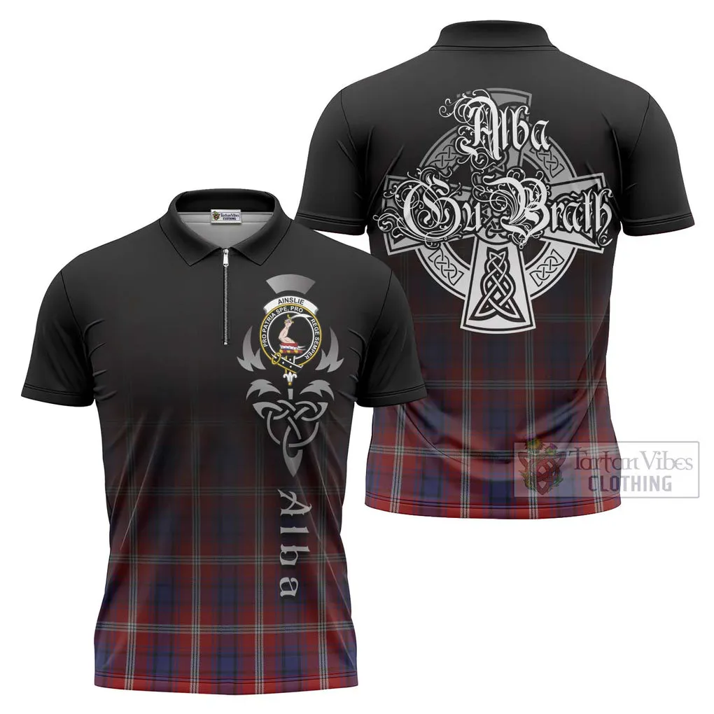 Ainslie Tartan Zipper Polo Shirt Featuring Alba Gu Brath Family Crest Celtic Inspired