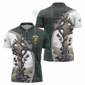 Allison Tartan Zipper Polo Shirt with Family Crest and St. Andrew's Cross Accented by Thistle Vines