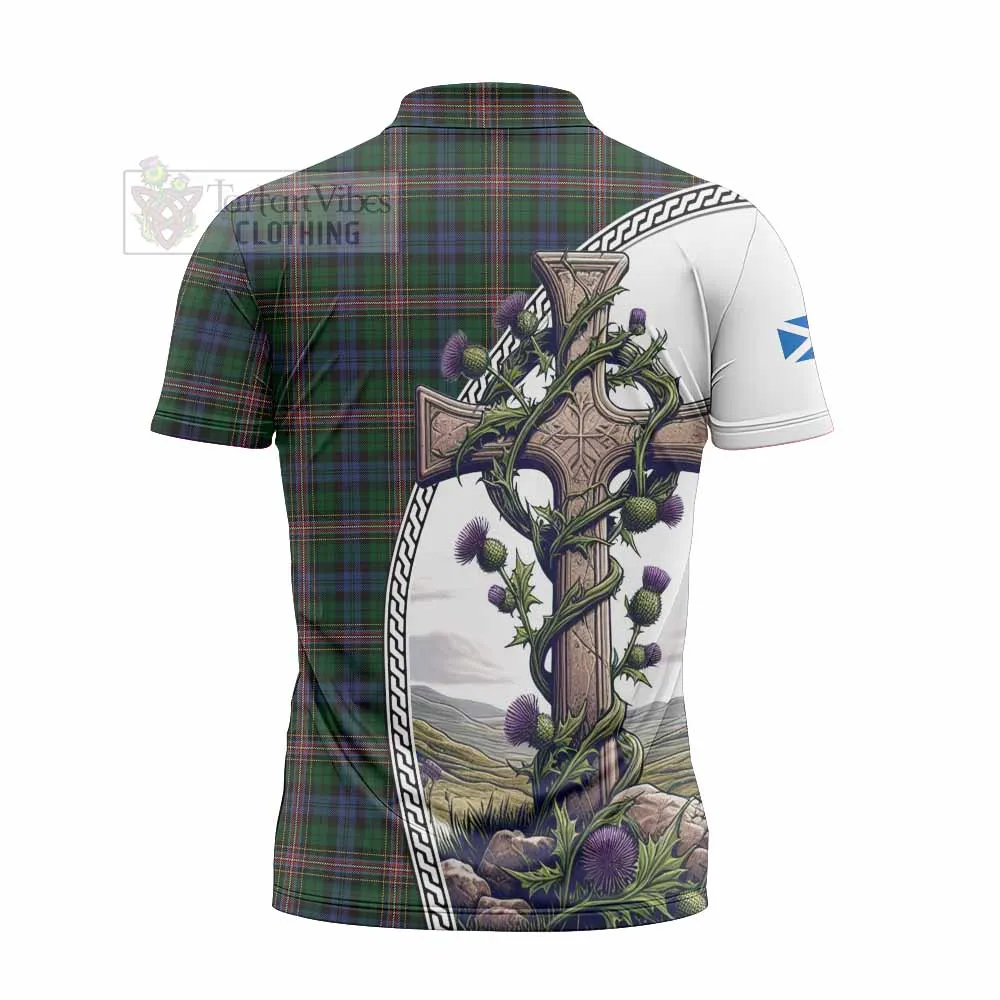 Allison Tartan Zipper Polo Shirt with Family Crest and St. Andrew's Cross Accented by Thistle Vines