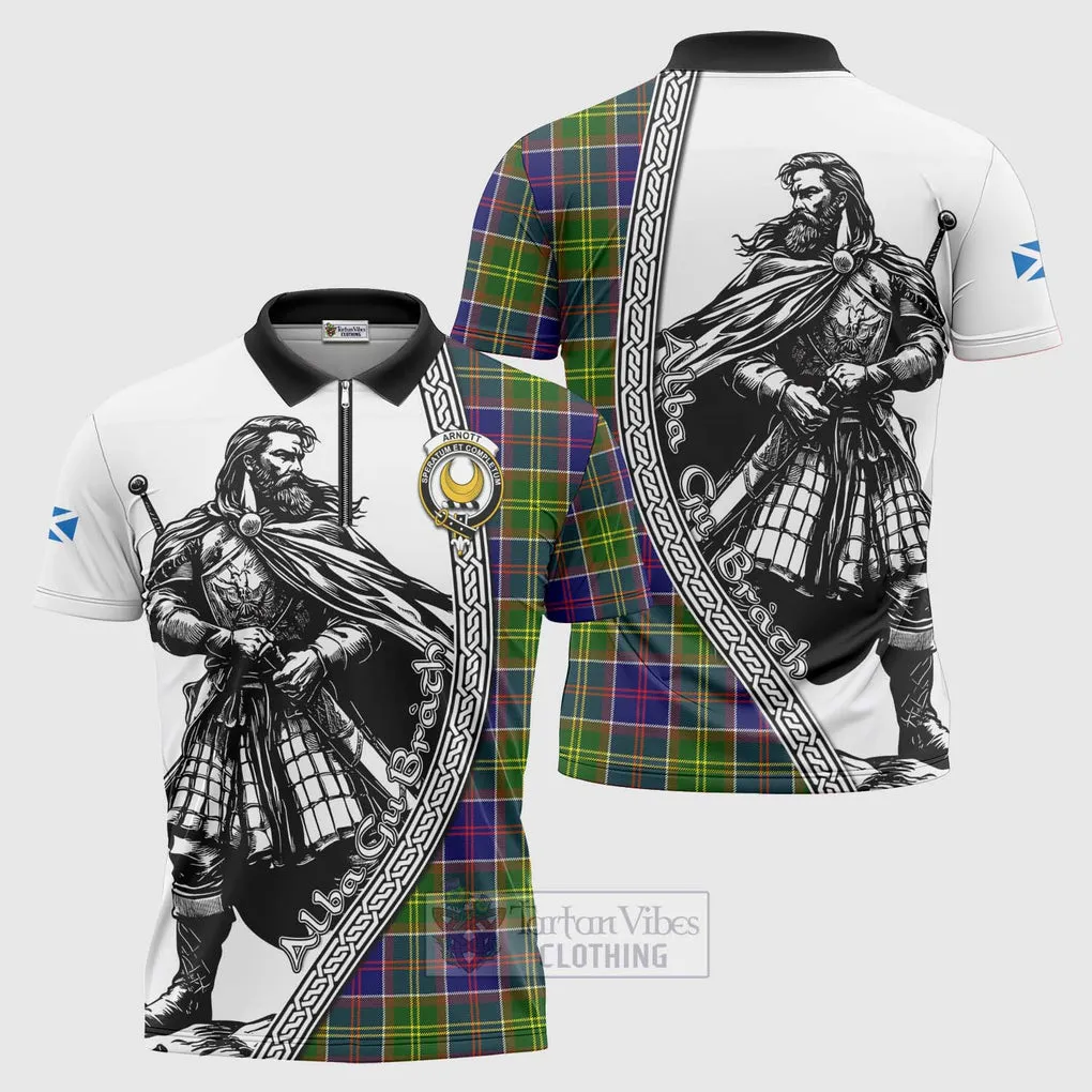 Arnott Tartan Clan Crest Zipper Polo Shirt with Highlander Warrior Celtic Style