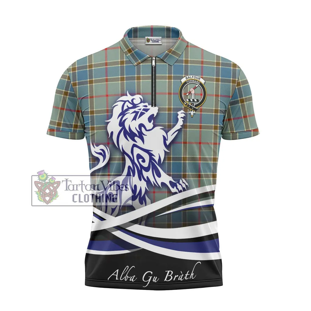 Balfour Blue Tartan Zipper Polo Shirt with Alba Gu Brath Regal Lion Emblem