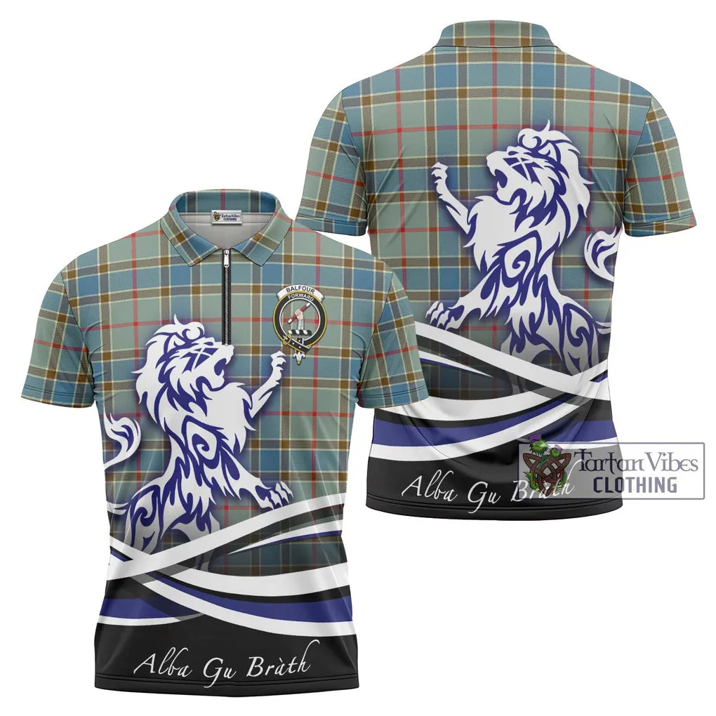 Balfour Blue Tartan Zipper Polo Shirt with Alba Gu Brath Regal Lion Emblem