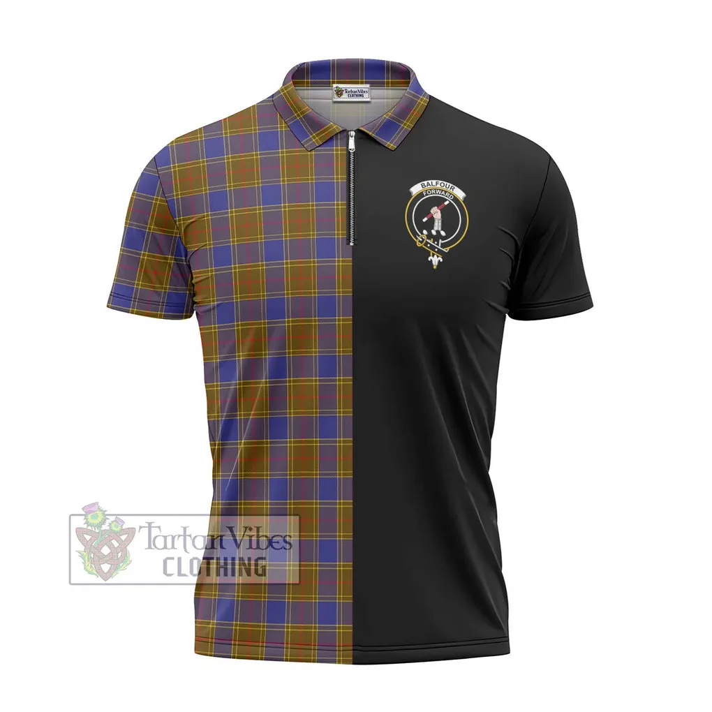 Balfour Tartan Zipper Polo Shirt with Family Crest and Half Of Me Style