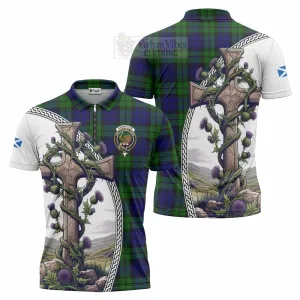 Bannatyne Tartan Zipper Polo Shirt with Family Crest and St. Andrew's Cross Accented by Thistle Vines