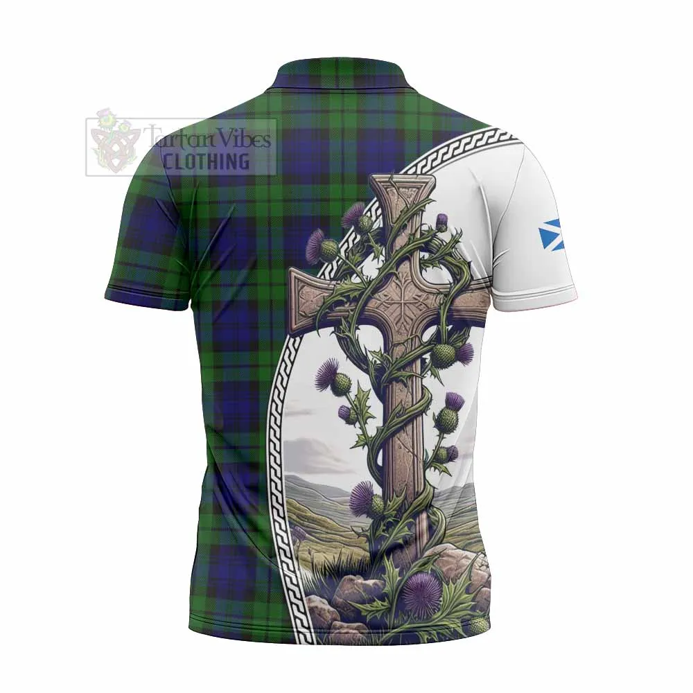 Bannatyne Tartan Zipper Polo Shirt with Family Crest and St. Andrew's Cross Accented by Thistle Vines