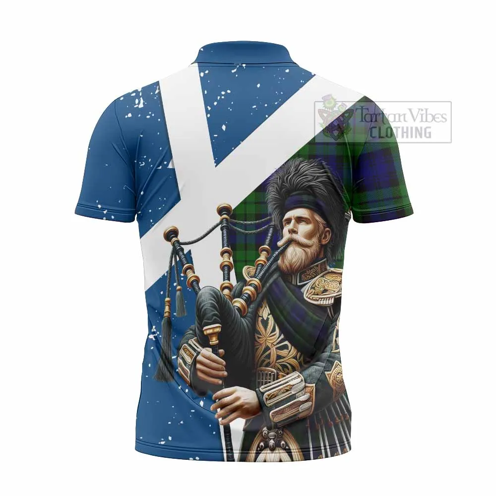 Bannatyne Tartan Zipper Polo Shirt with Family Crest Scottish Bagpiper Vibes