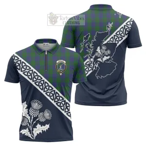 Barclay Tartan Zipper Polo Shirt Featuring Thistle and Scotland Map