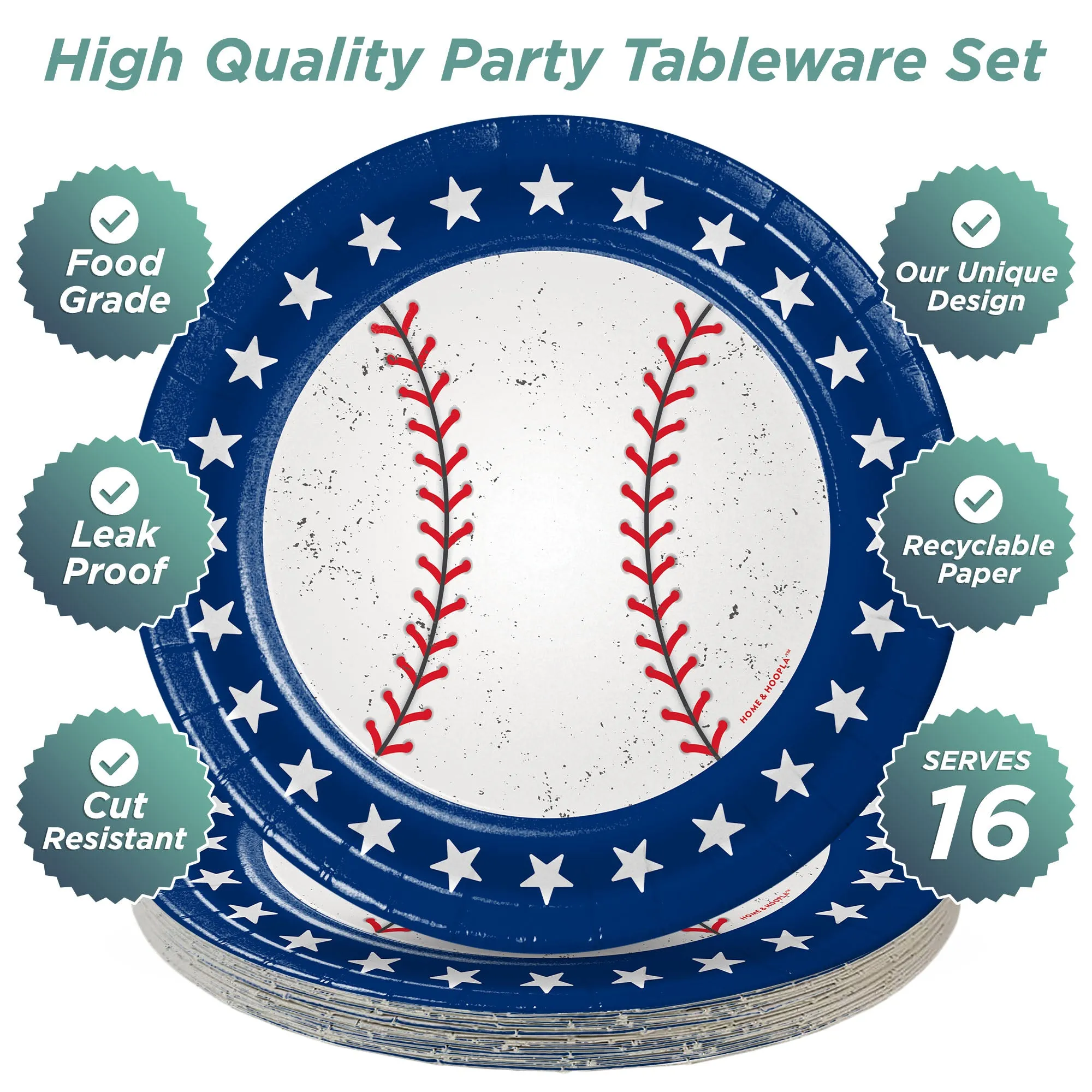 Baseball Party Supplies - Red, White, & Blue All-Star Round Paper Dessert Plates for 16 Guests