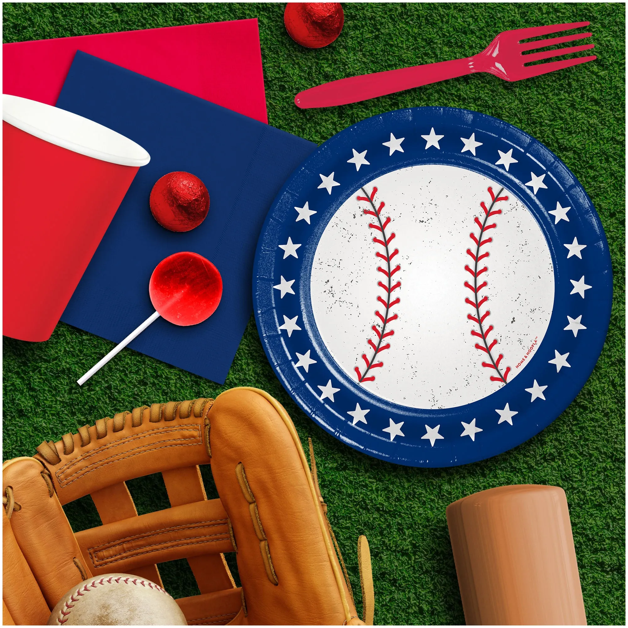 Baseball Party Supplies - Red, White, & Blue All-Star Round Paper Dessert Plates for 16 Guests