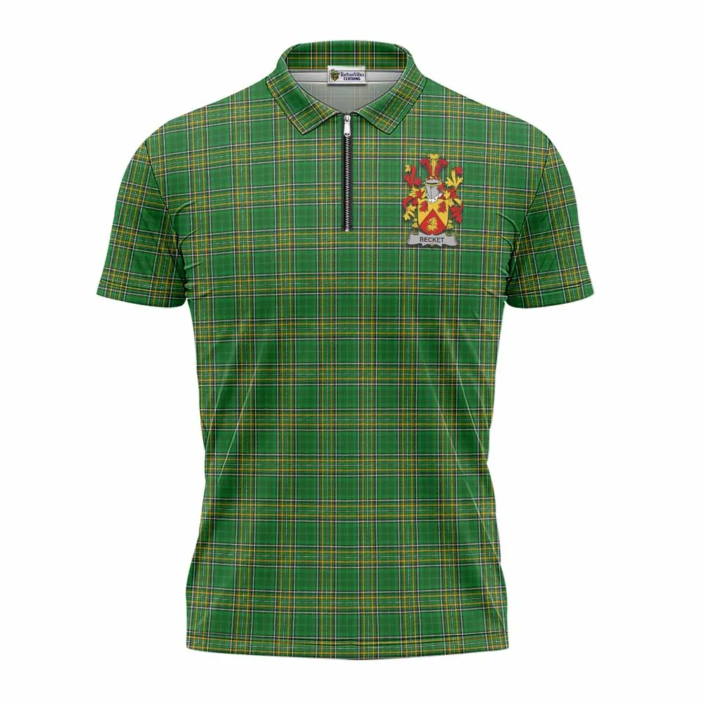 Becket Irish Clan Tartan Zipper Polo Shirt with Coat of Arms