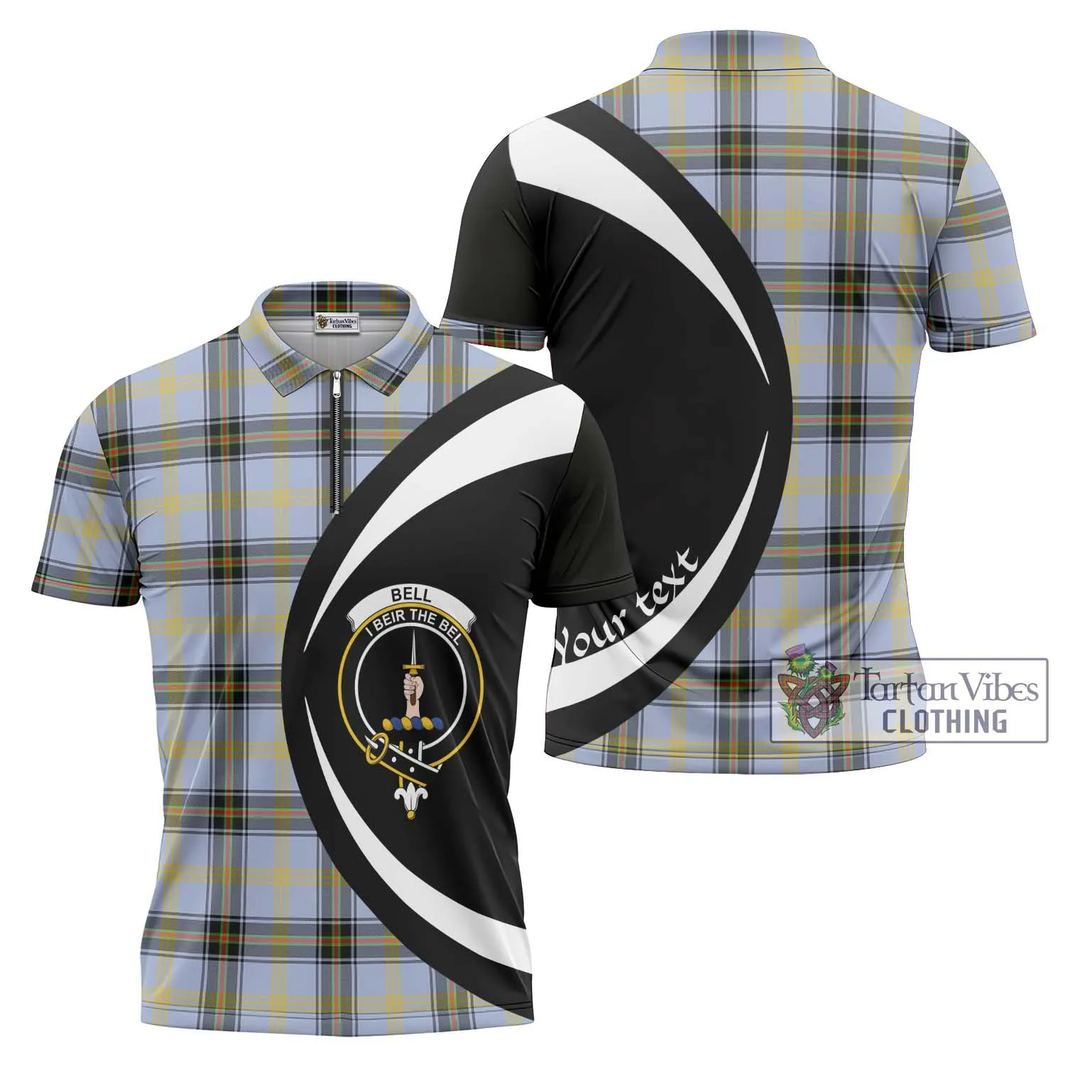 Bell Tartan Zipper Polo Shirt with Family Crest Circle Style