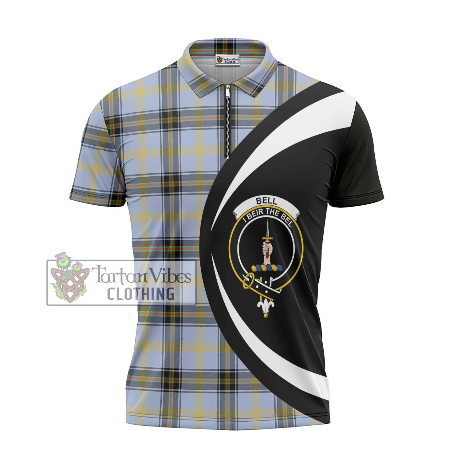 Bell Tartan Zipper Polo Shirt with Family Crest Circle Style