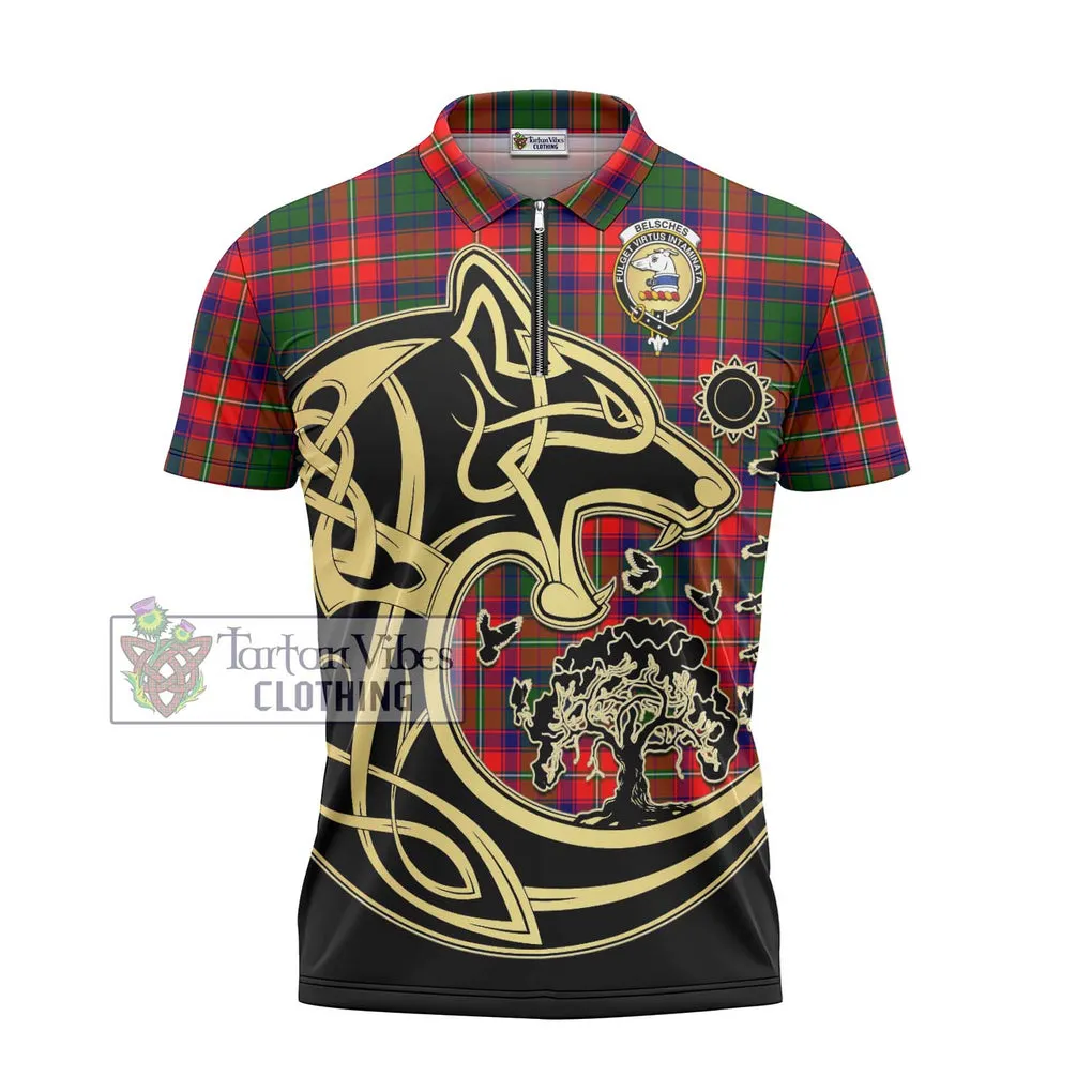 Belsches Tartan Zipper Polo Shirt with Family Crest Celtic Wolf Style