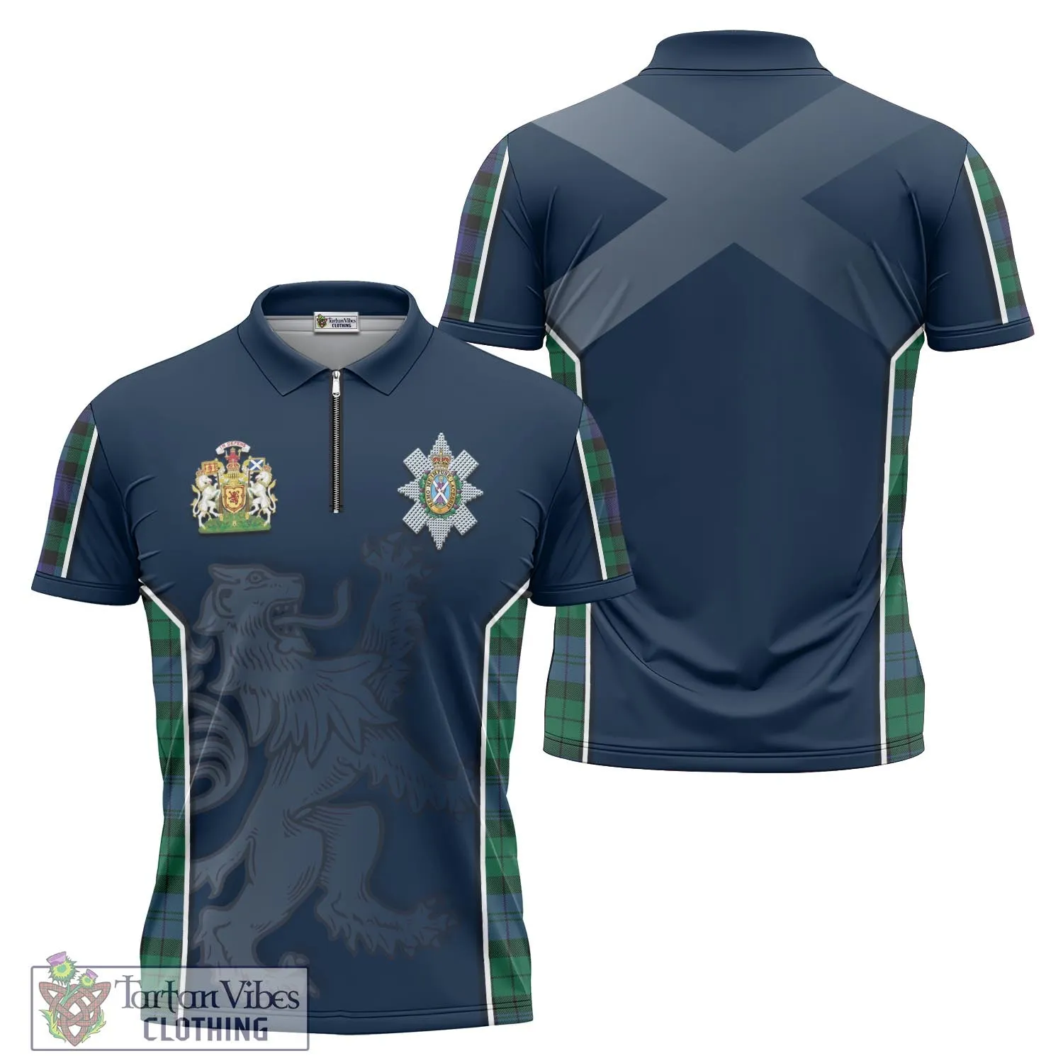 Black Watch Modern Tartan Zipper Polo Shirt with Family Crest and Lion Rampant Vibes Sport Style