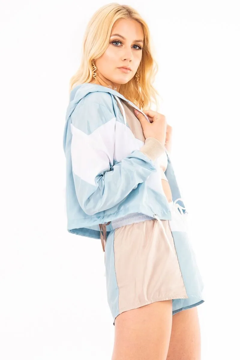 Blue White Colour Block Hooded Jacket Shorts Tracksuit Co-ord - Jettie