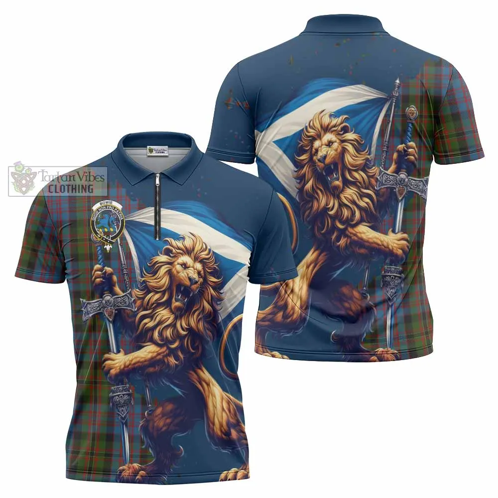 Bowie Tartan Family Crest Zipper Polo Shirt with Scottish Majestic Lion