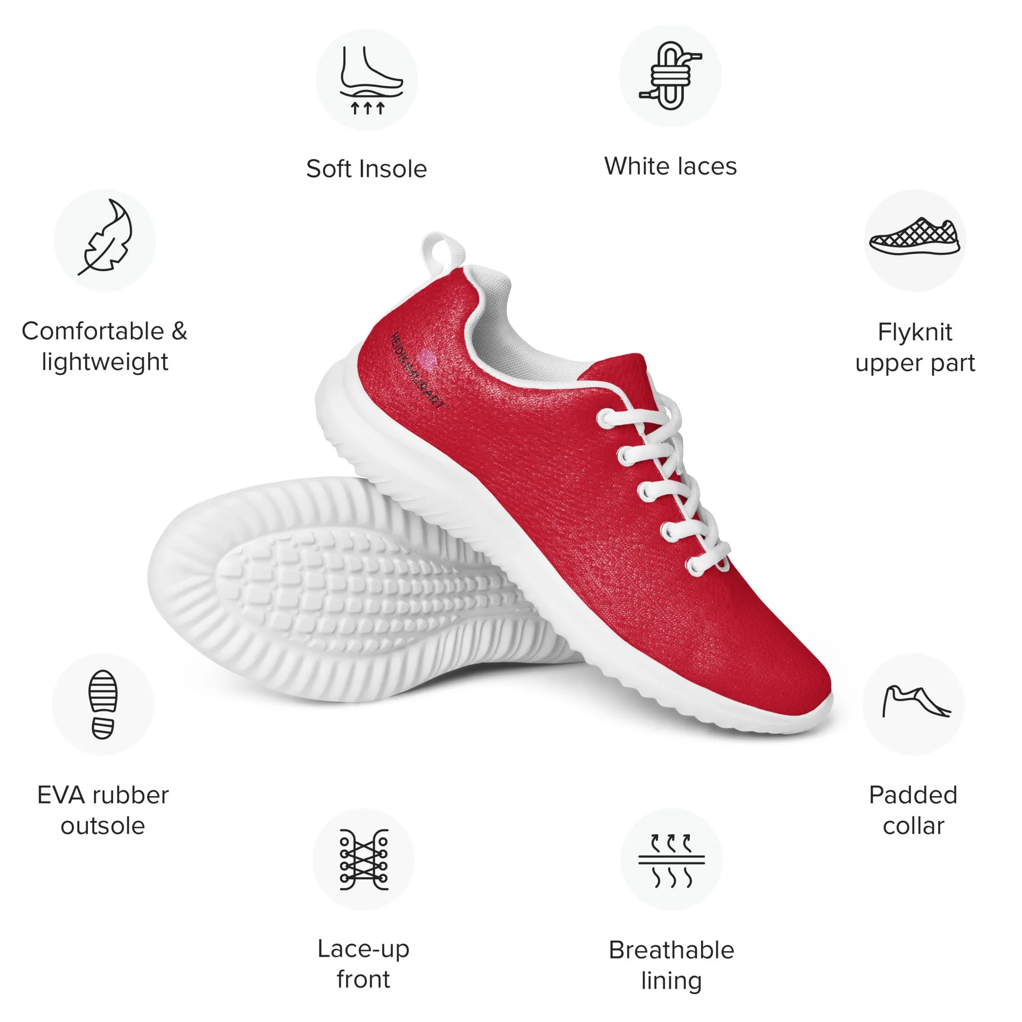 Bright Red Men’s Athletic Shoes, Solid Red Color Modern Breathable Lightweight Men’s Athletic Shoes (US Size: 5-13)