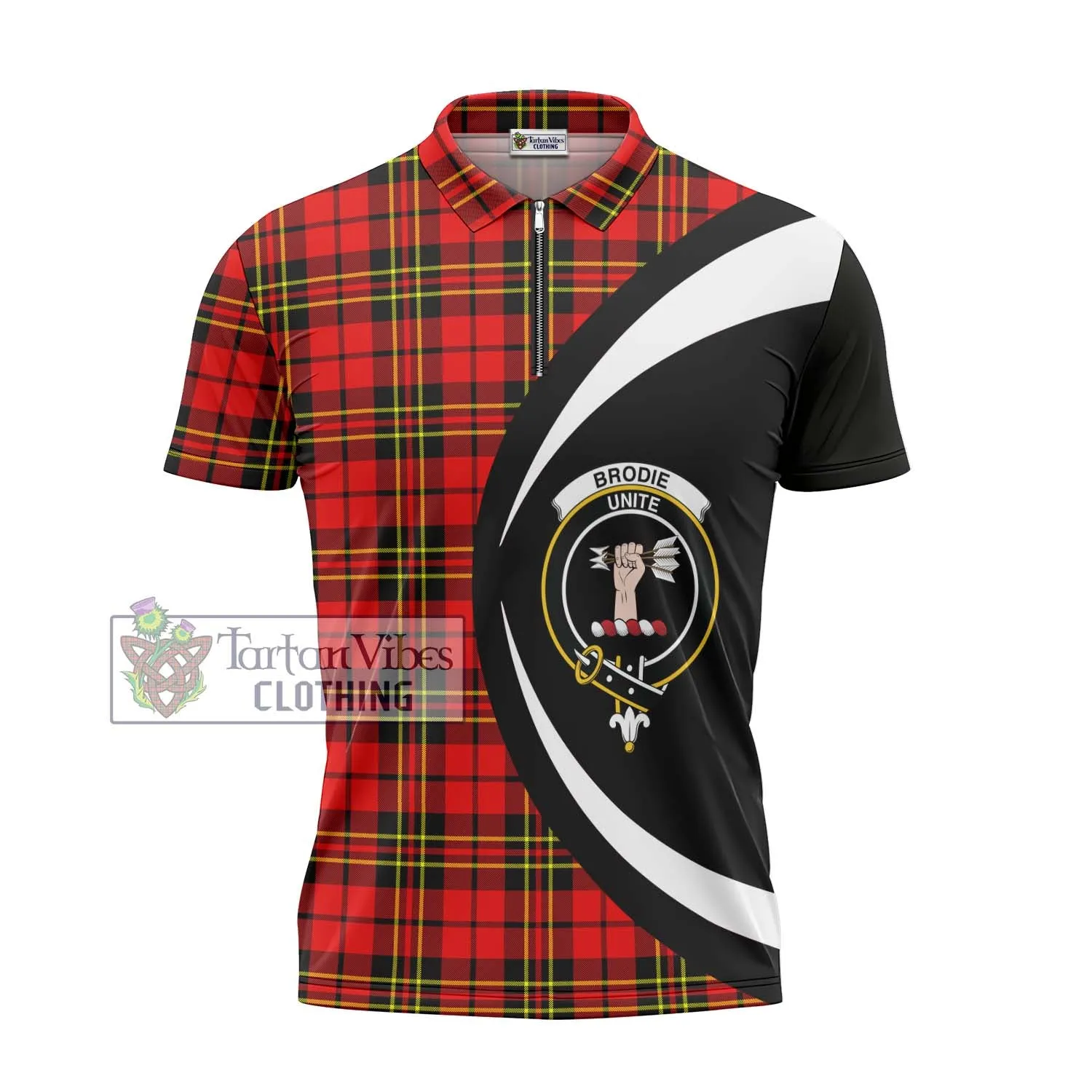 Brodie Modern Tartan Zipper Polo Shirt with Family Crest Circle Style