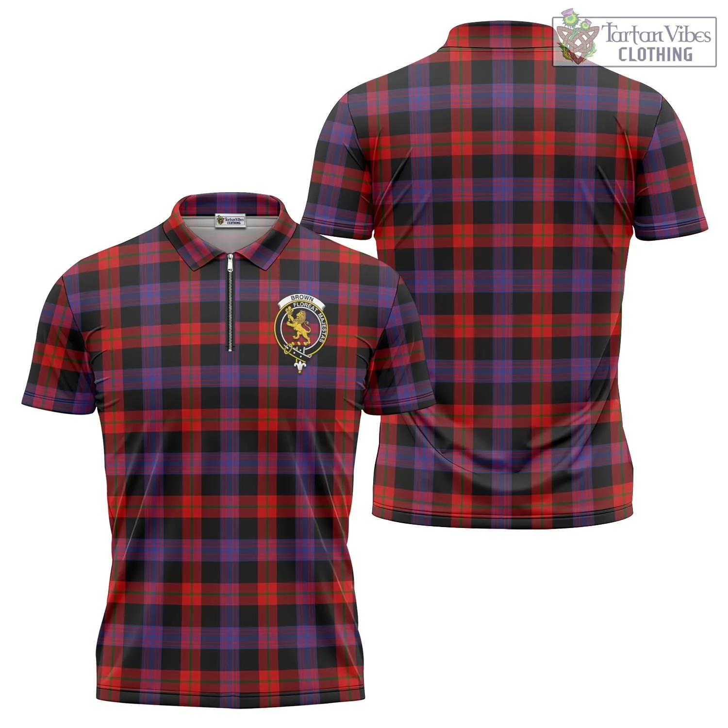 Brown (Broun) Tartan Zipper Polo Shirt with Family Crest