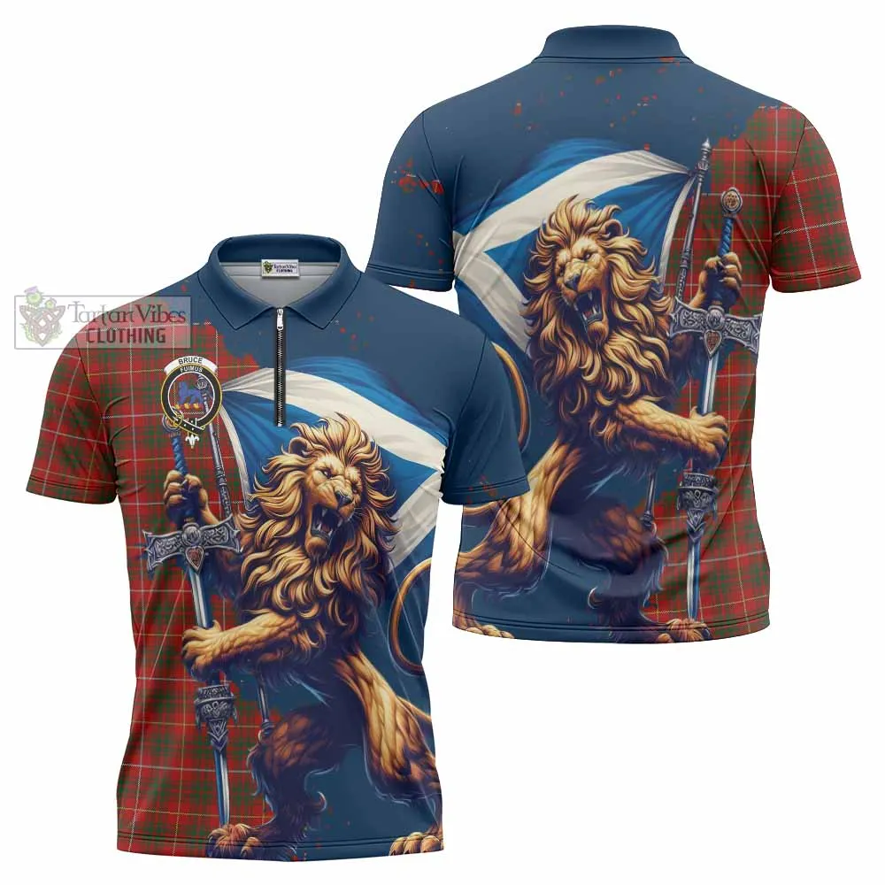 Bruce Tartan Family Crest Zipper Polo Shirt with Scottish Majestic Lion