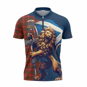 Bruce Tartan Family Crest Zipper Polo Shirt with Scottish Majestic Lion