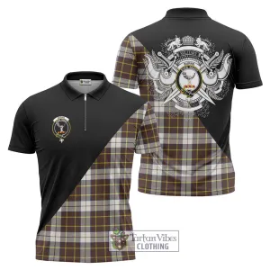 Burns Battalion Weathered Tartan Zipper Polo Shirt with Family Crest and Military Logo Style