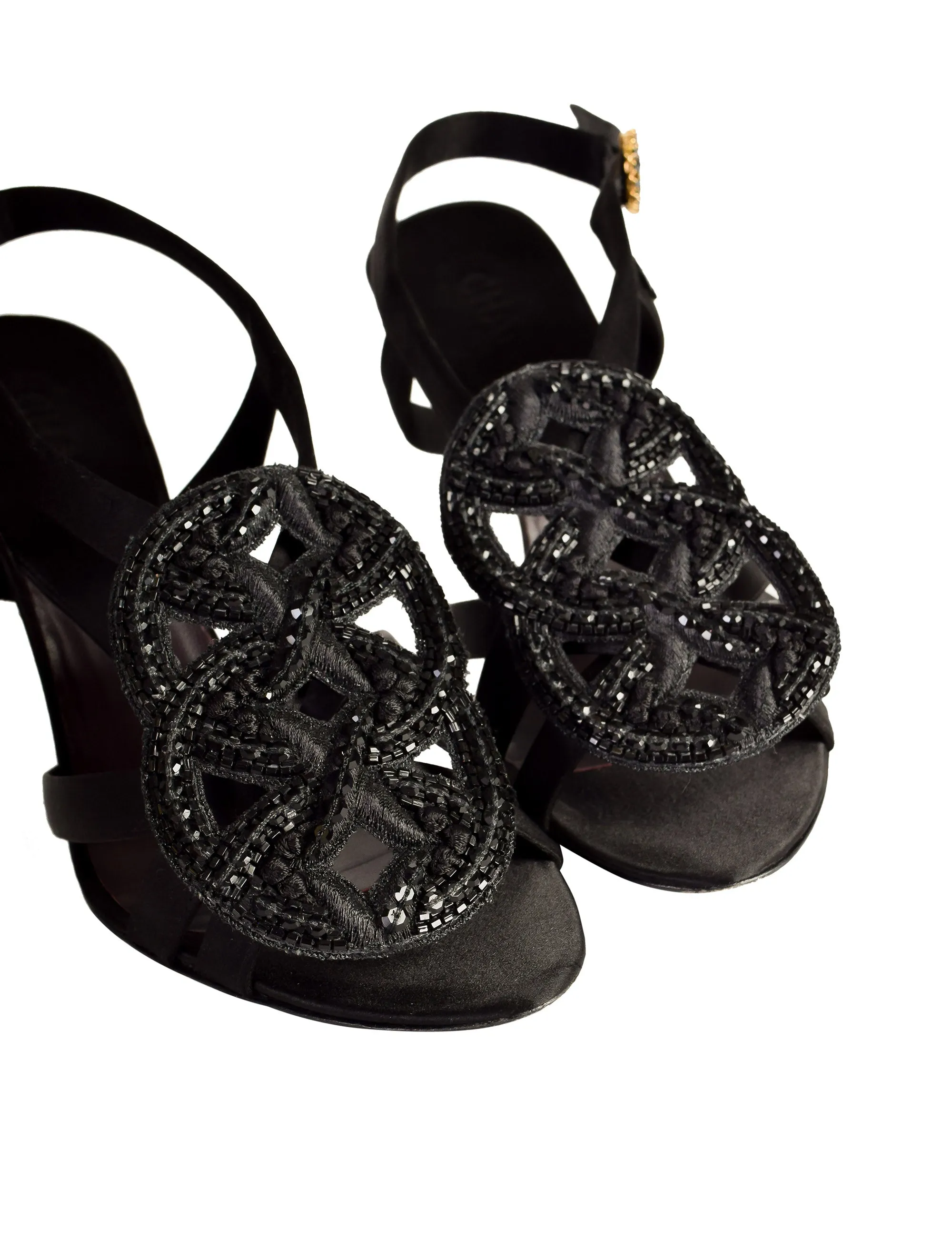 Chanel Vintage 1980s Ultra Rare Black Embroidered Beaded Satin Strappy Heels