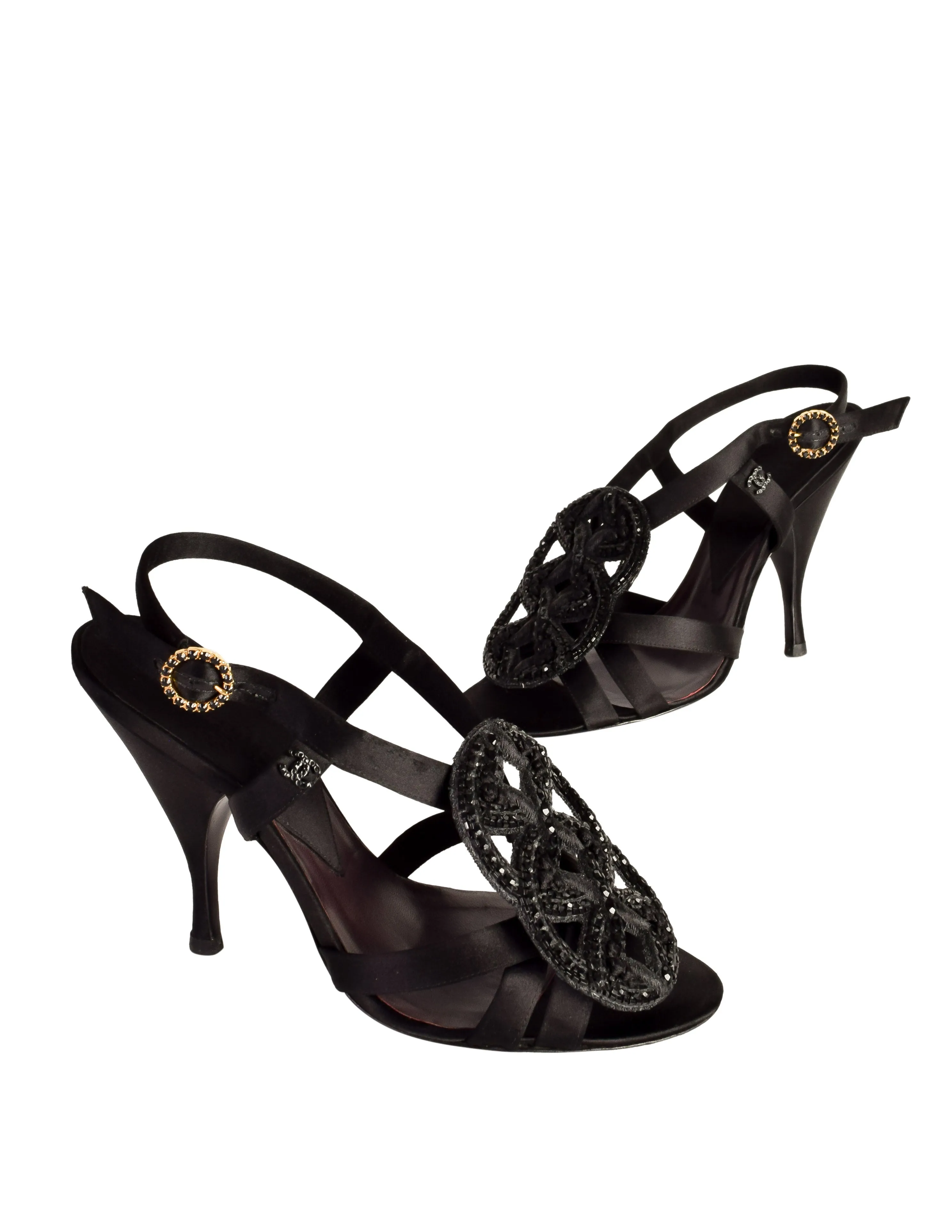 Chanel Vintage 1980s Ultra Rare Black Embroidered Beaded Satin Strappy Heels