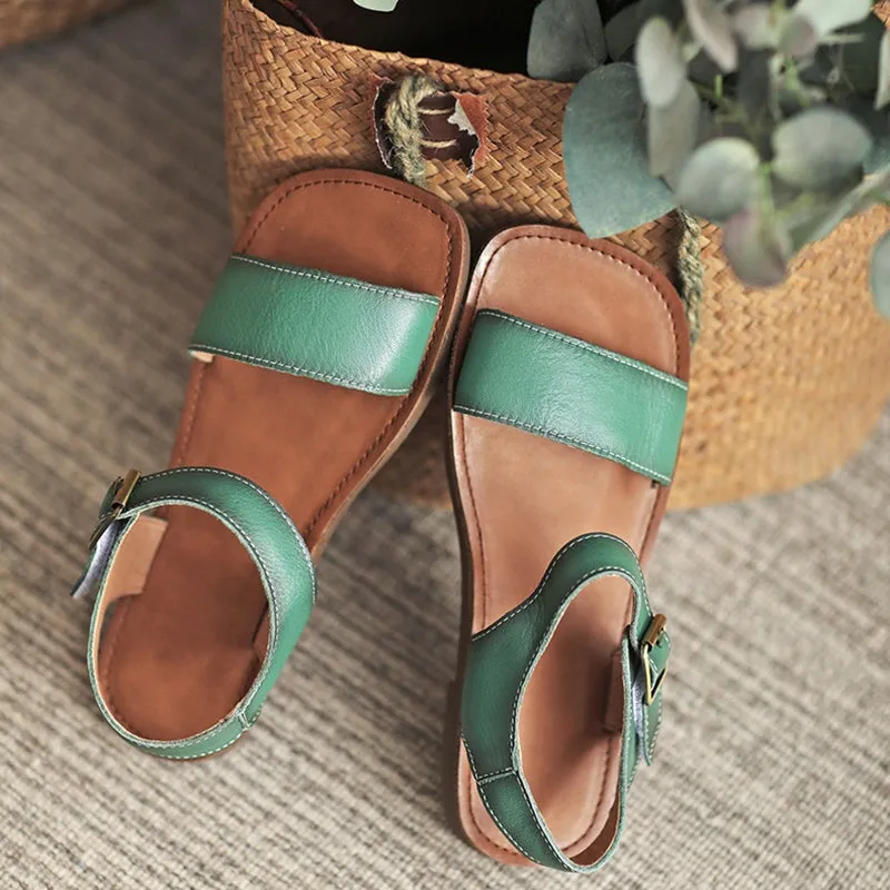 Classic Leather Sandals for Women Flat Ankle Strap Side Buckle in Brown/Beige/Green