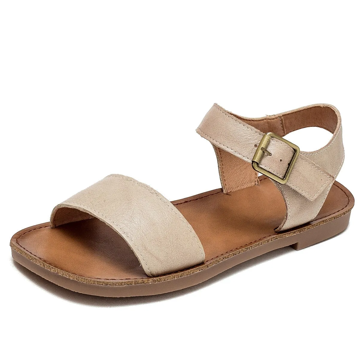 Classic Leather Sandals for Women Flat Ankle Strap Side Buckle in Brown/Beige/Green