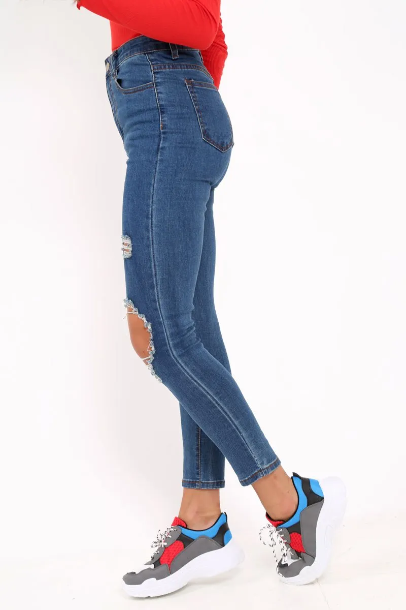 Distressed Dark Denim Skinny Jeans - Delanie