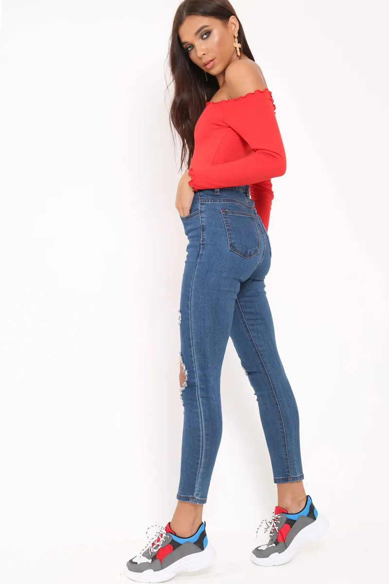 Distressed Dark Denim Skinny Jeans - Delanie