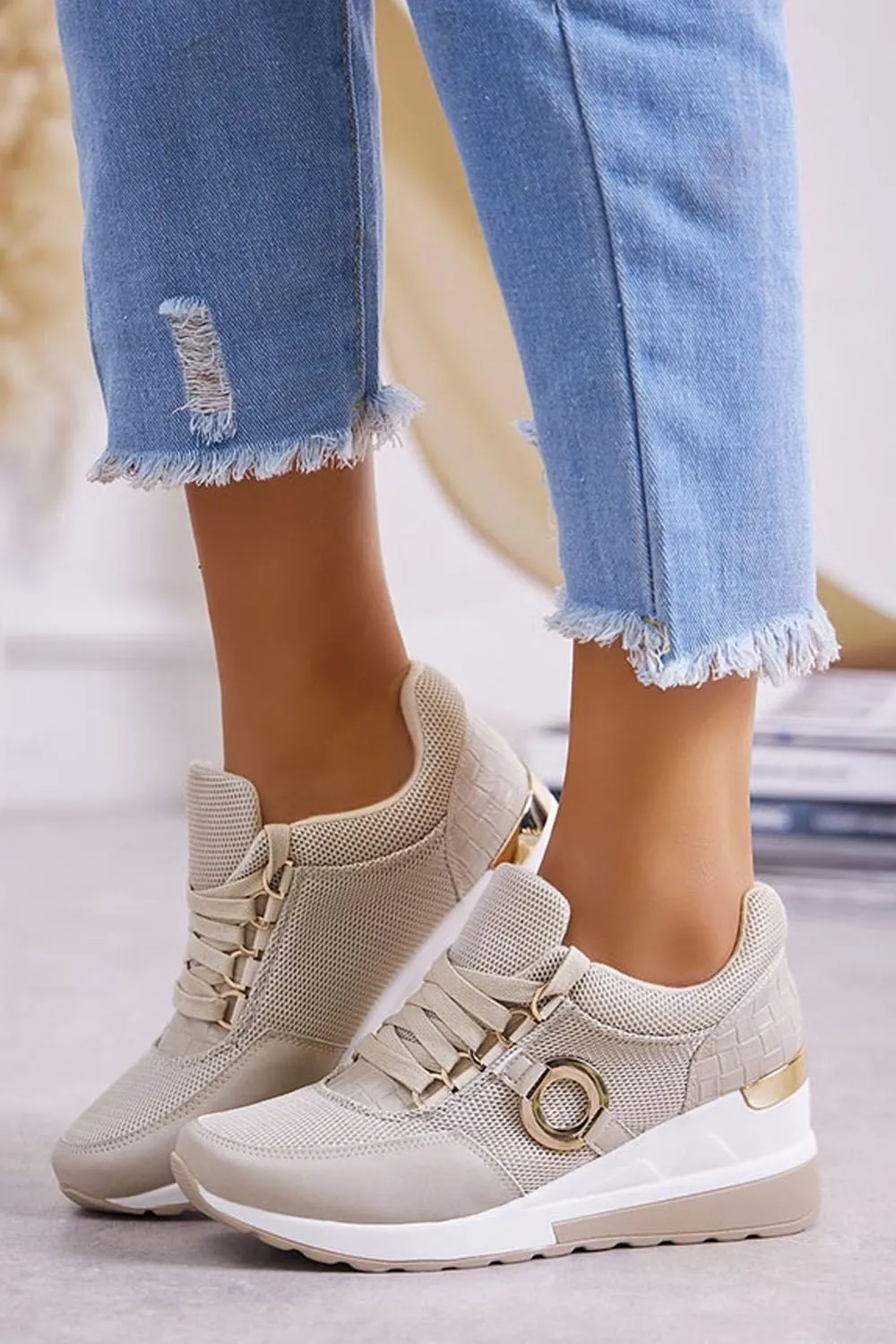 Gold Ring Lace Up Wedge Trainers