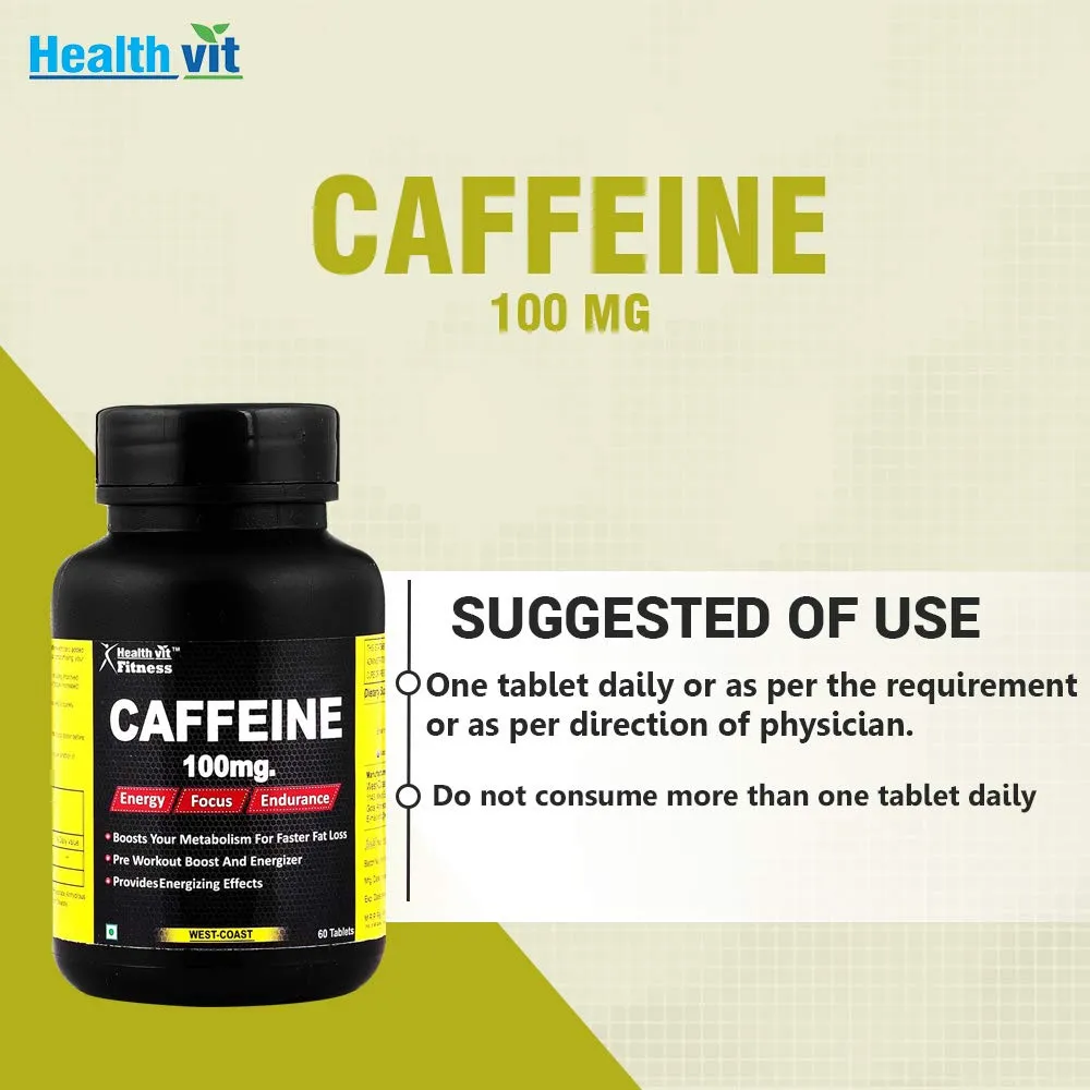 Healthvit Fitness Caffeine 100mg For Energy, Focus & Endurance | Enhance Sports Performance | Helps In Weight Management | Increases Alertness | Fights Fatigue | Vegan And Gluten Free | 60 Tablets