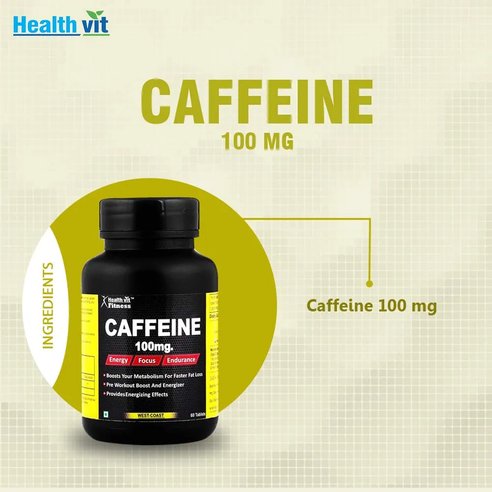 Healthvit Fitness Caffeine 100mg For Energy, Focus & Endurance | Enhance Sports Performance | Helps In Weight Management | Increases Alertness | Fights Fatigue | Vegan And Gluten Free | 60 Tablets