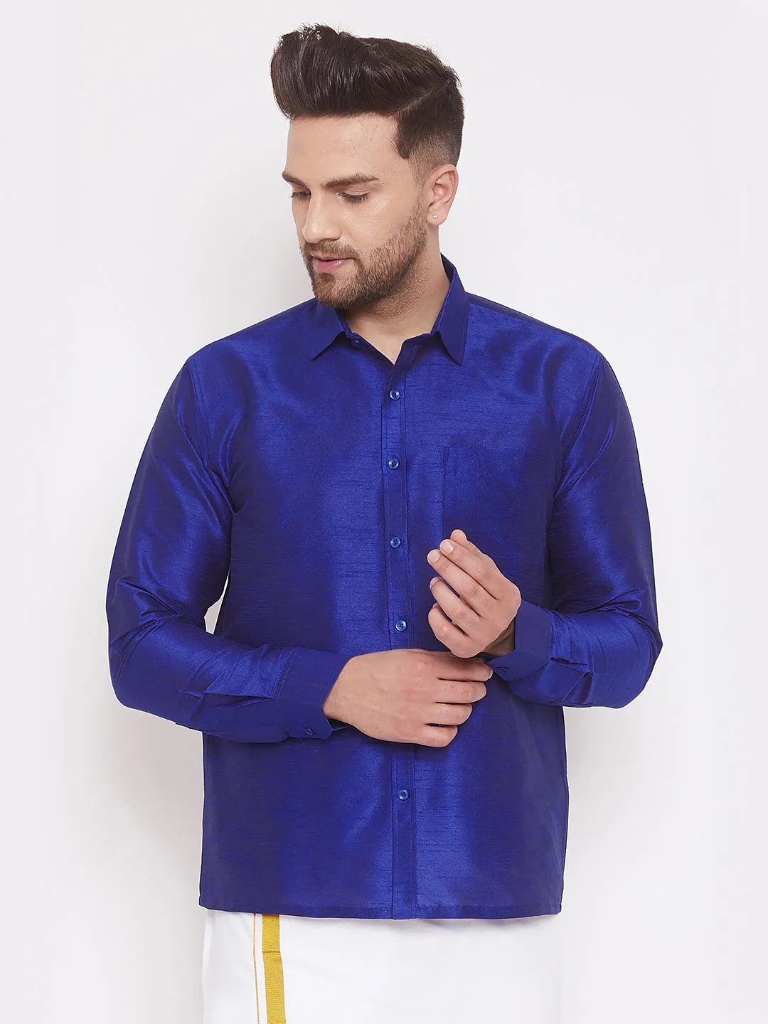 Jashvi Men's Blue Silk Blend Ethnic Shirt