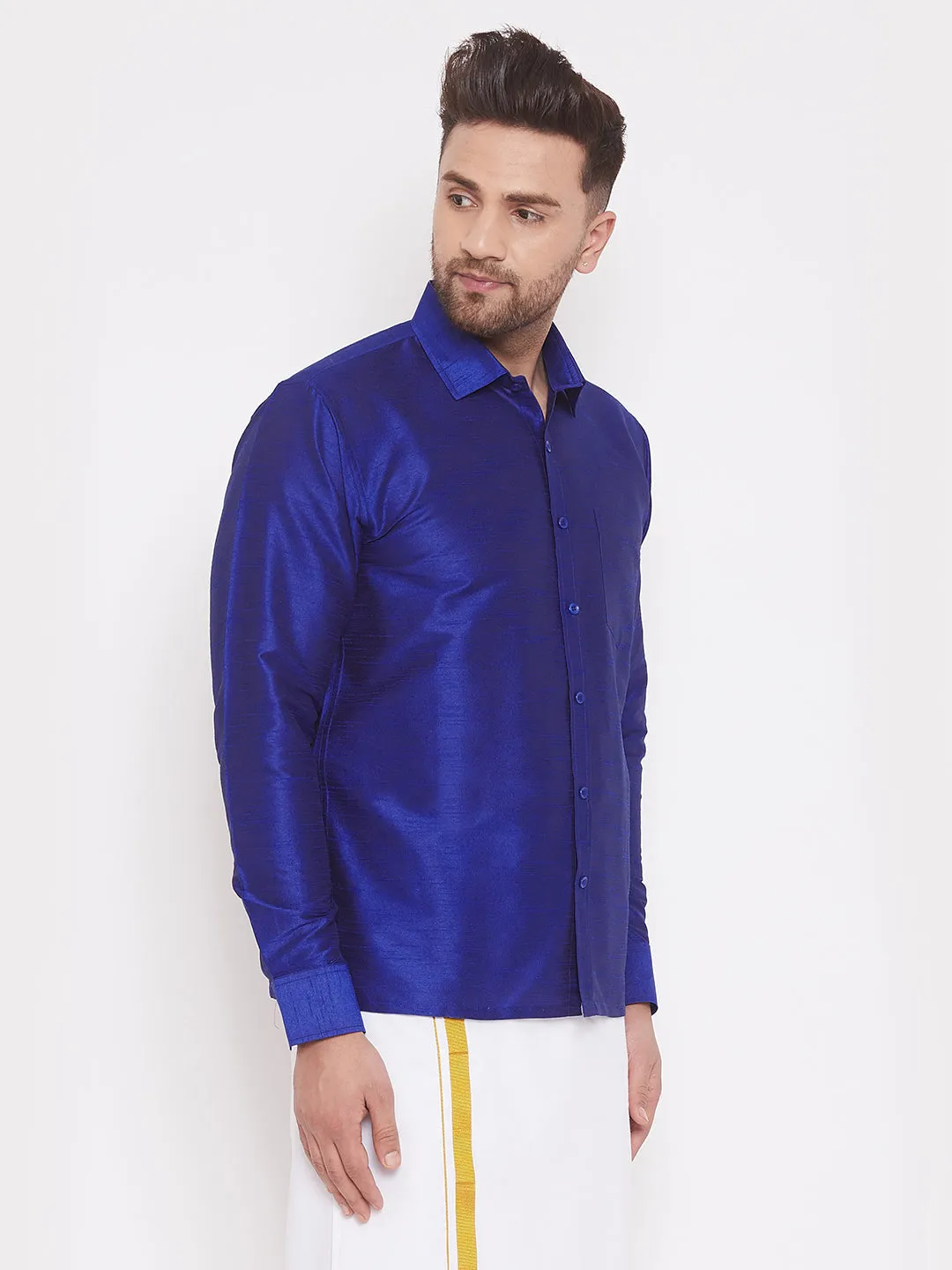 Jashvi Men's Blue Silk Blend Ethnic Shirt