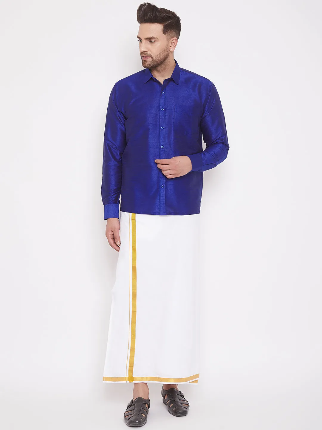 Jashvi Men's Blue Silk Blend Ethnic Shirt