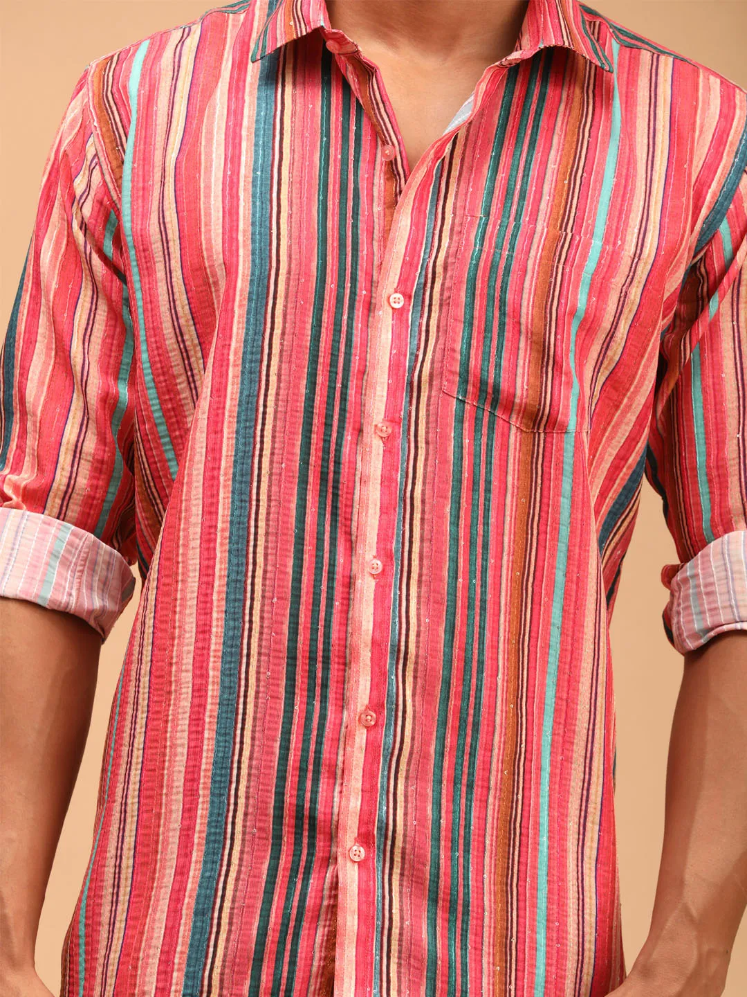 Jashvi Men's Multi-Color Striped Embellished Shirt