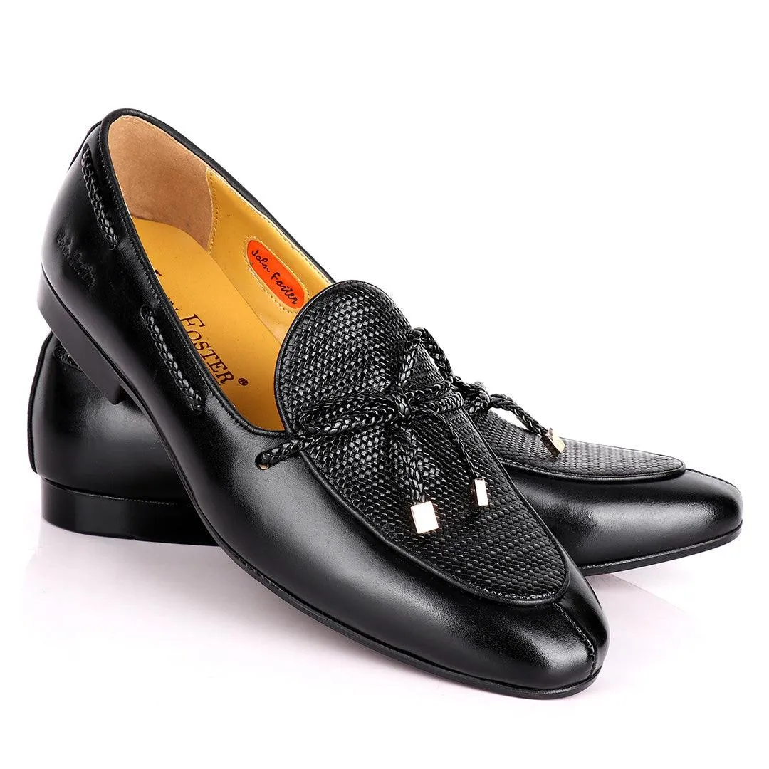 John Foster Custom Made Men's Leather Shoe With Woven Knotted Tassel- Black