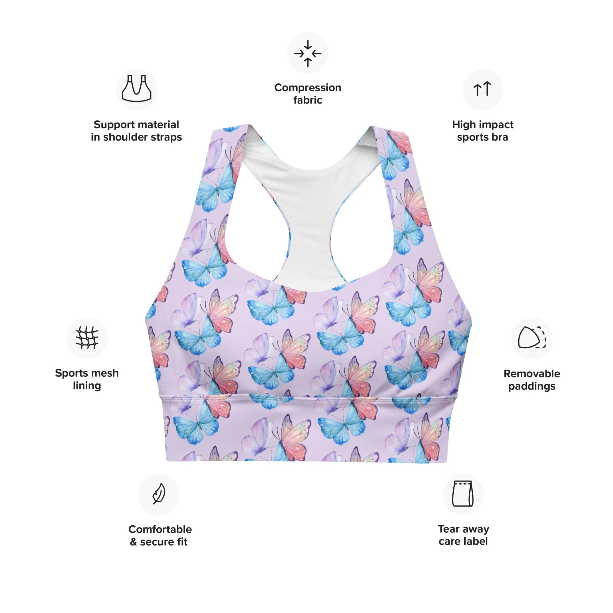 Longline sports bra - Butterflies - Lavender