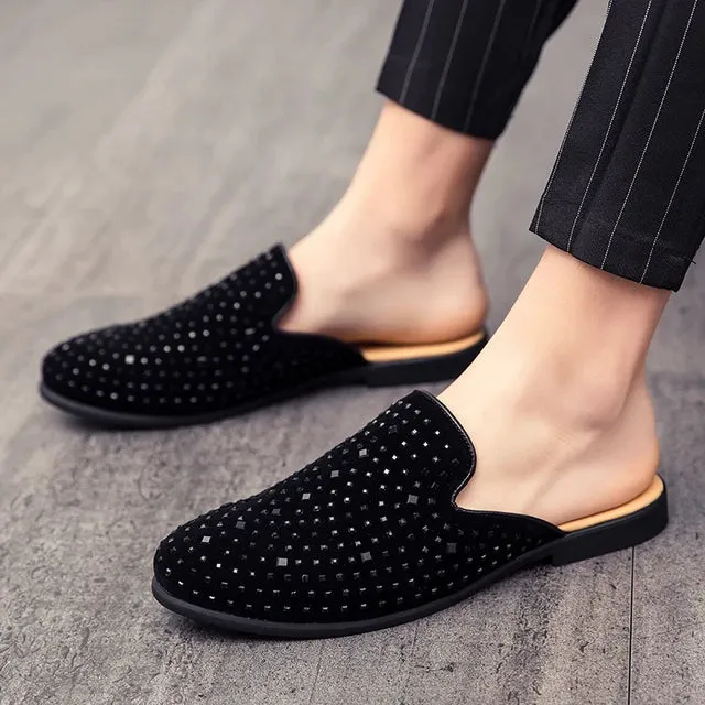 Luxury Rhinestone Split Leather Mules Shoes