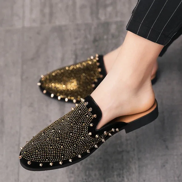 Luxury Rhinestone Split Leather Mules Shoes