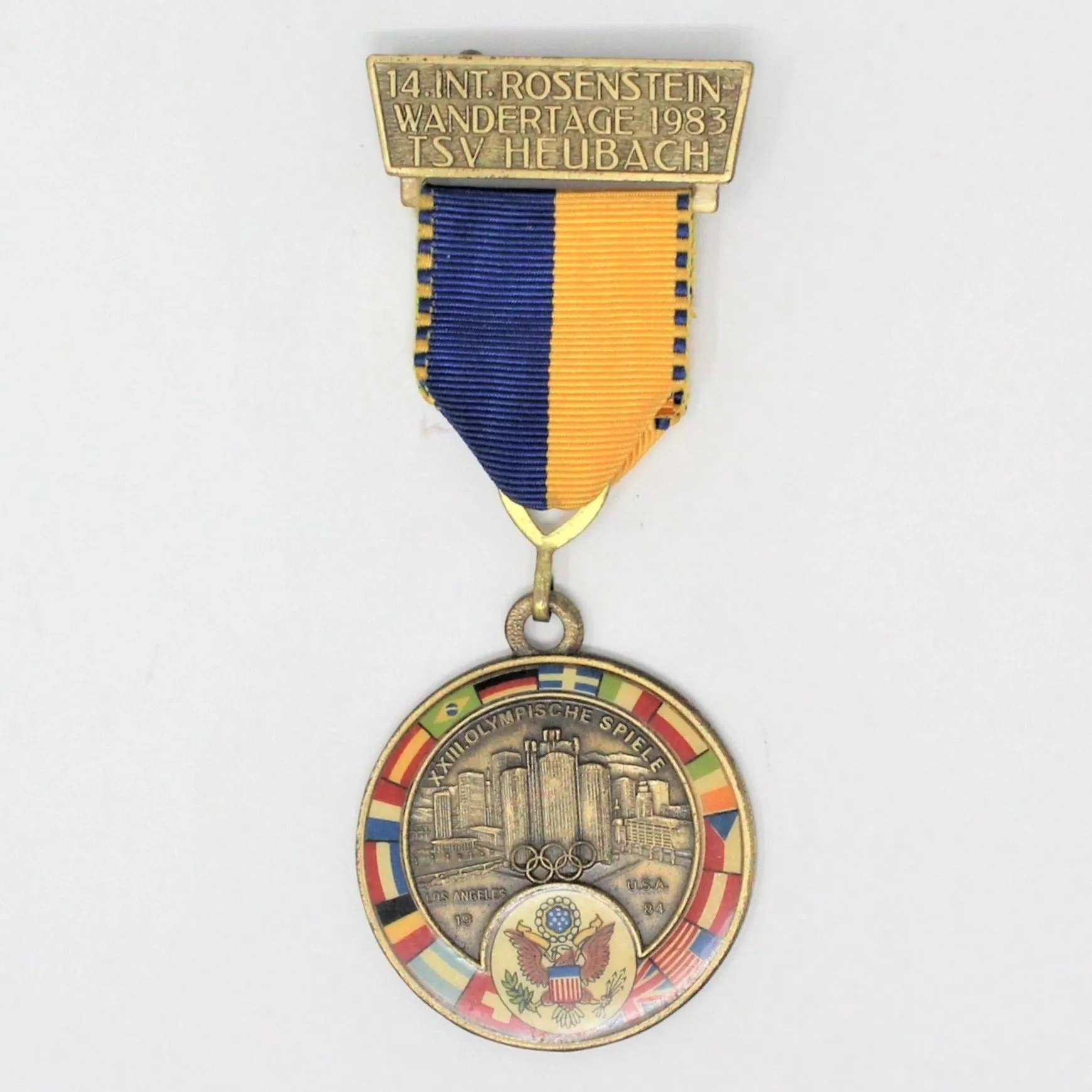 Medal, XXIII Olympische Spiele Rosenstein Wandertage, Brass, Los Angeles 1984, Vintage